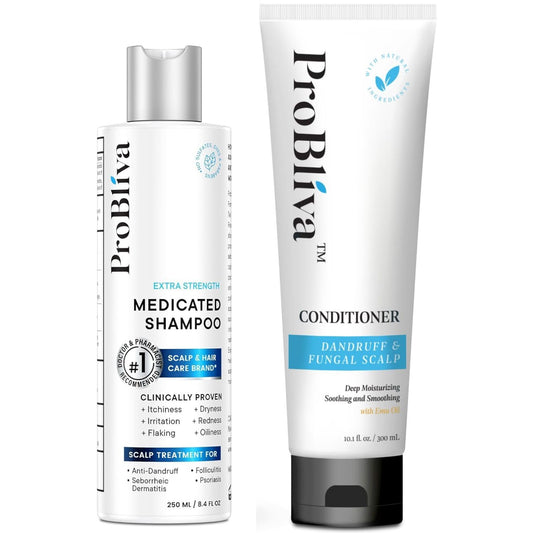 ProBliva shampoo bottle pour demonstrates easy application for dry, flaky scalp relief.