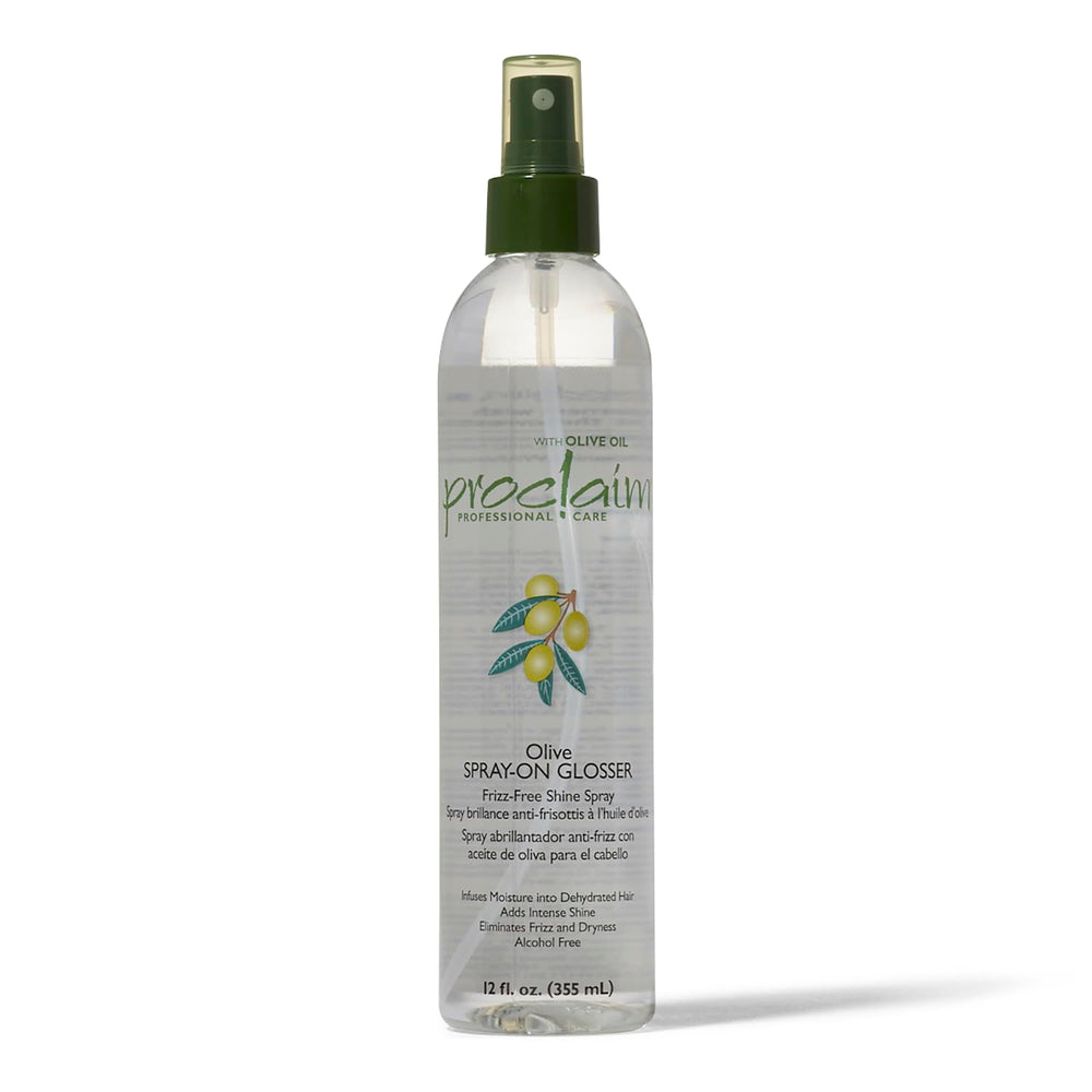 Proclaim Olive Spray On Glosser bottle closeup for smooth, detangled hair