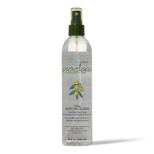 Proclaim Olive Spray On Glosser bottle closeup for smooth, detangled hair