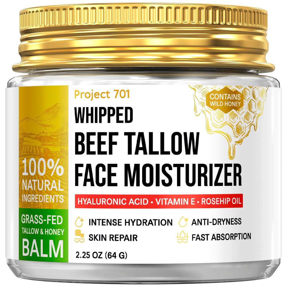PROJECT 701 beef tallow face moisturizer jar closeup highlighting glass container preserves potency.