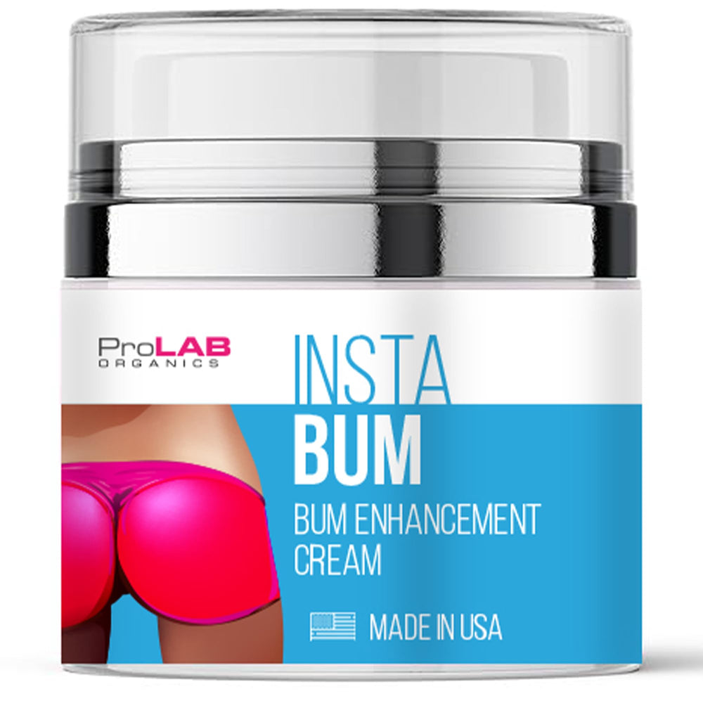 ProLab Organics InstaBum butt cream bottle showcases sleek packaging for lift and firmness.