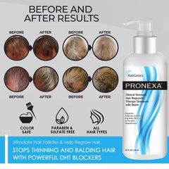 Pronexa Hairgenics clinical shampoo ingredients panel featuring biotin and collagen benefits.