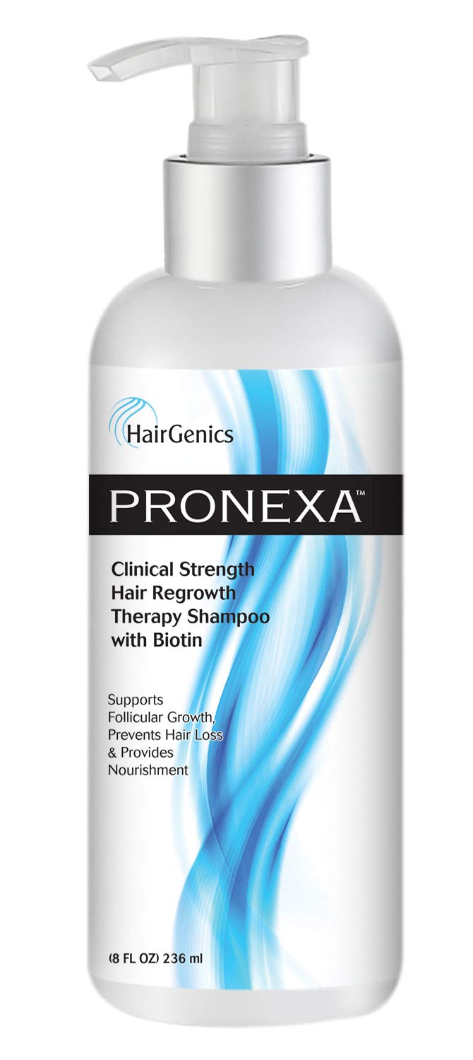 Pronexa Hairgenics clinical shampoo bottle front showing branding for thinning hair support.