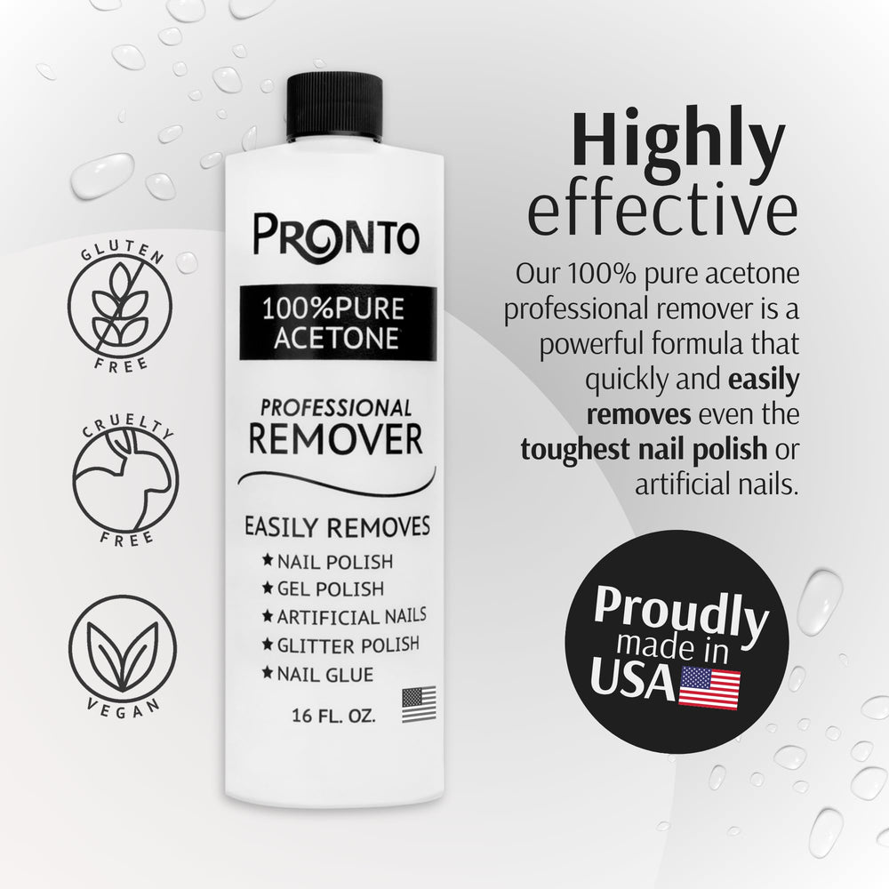 Pronto acetone remover label close-up showing professional formula