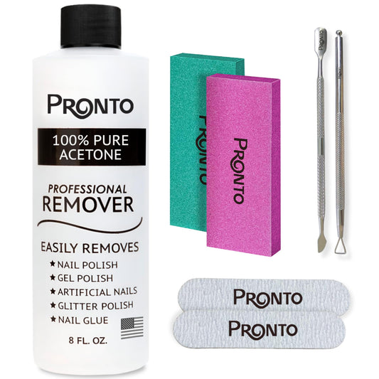 Pronto acetone remover 8oz bottle shown for quick gel and acrylic removal
