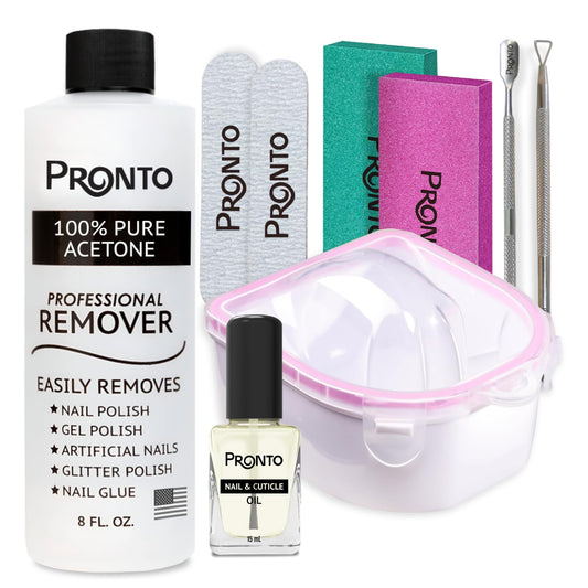 Pronto Gel Polish Remover bottle facilitates at-home gel polish removal for a clean start.