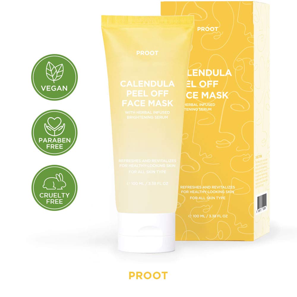 PROOT Calendula Peel Off Mask drying on skin suggests detoxification and purification benefits