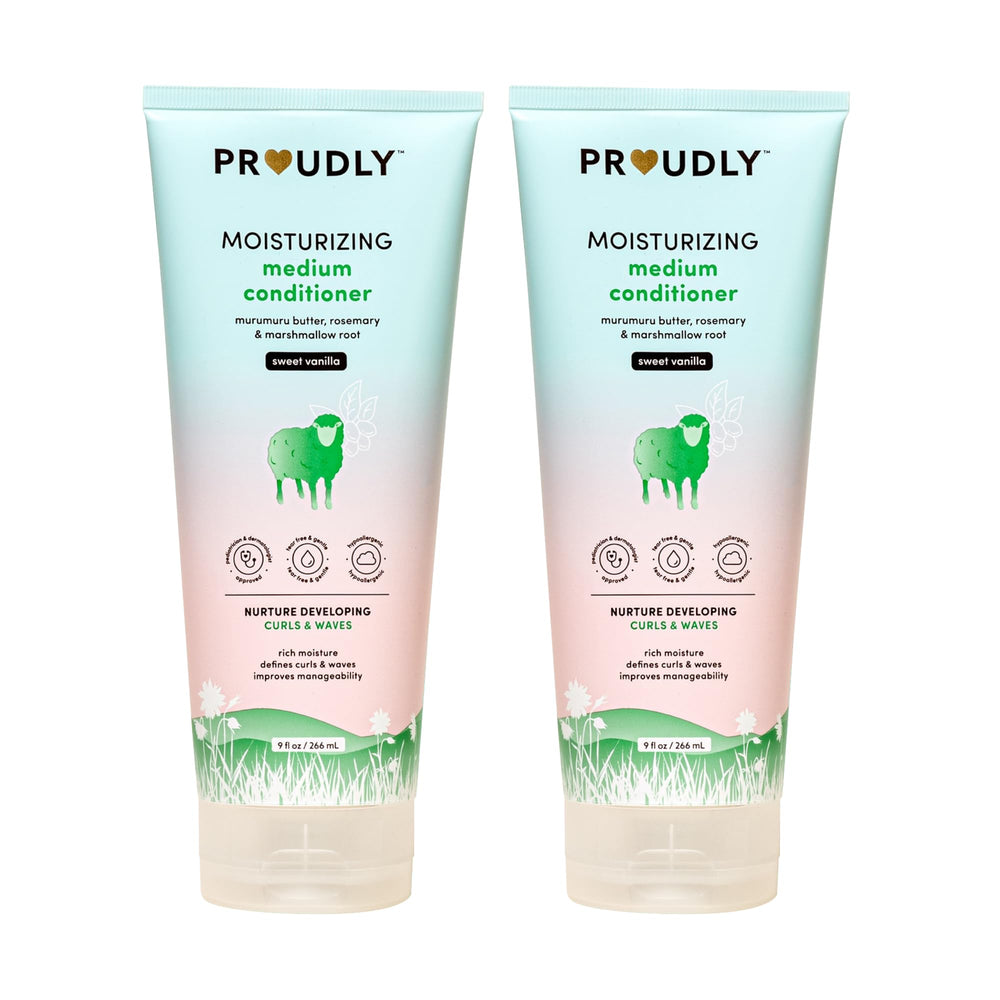 PROUDLY Moisturizing Baby Conditioner bottle pour shows easy grip and gentle hydration for textured hair.