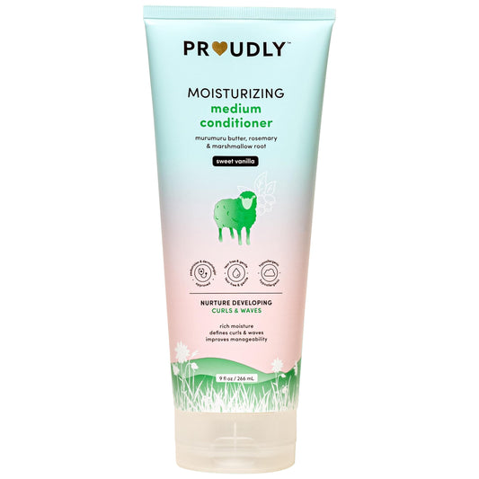 PROUDLY Moisturizing Baby Conditioner bottle pour highlights hydration for curls