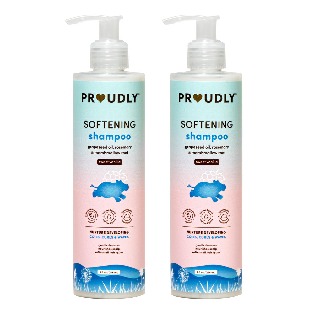 PROUDLY Softening Shampoo bottle showing gentle cleansing for babies' curls