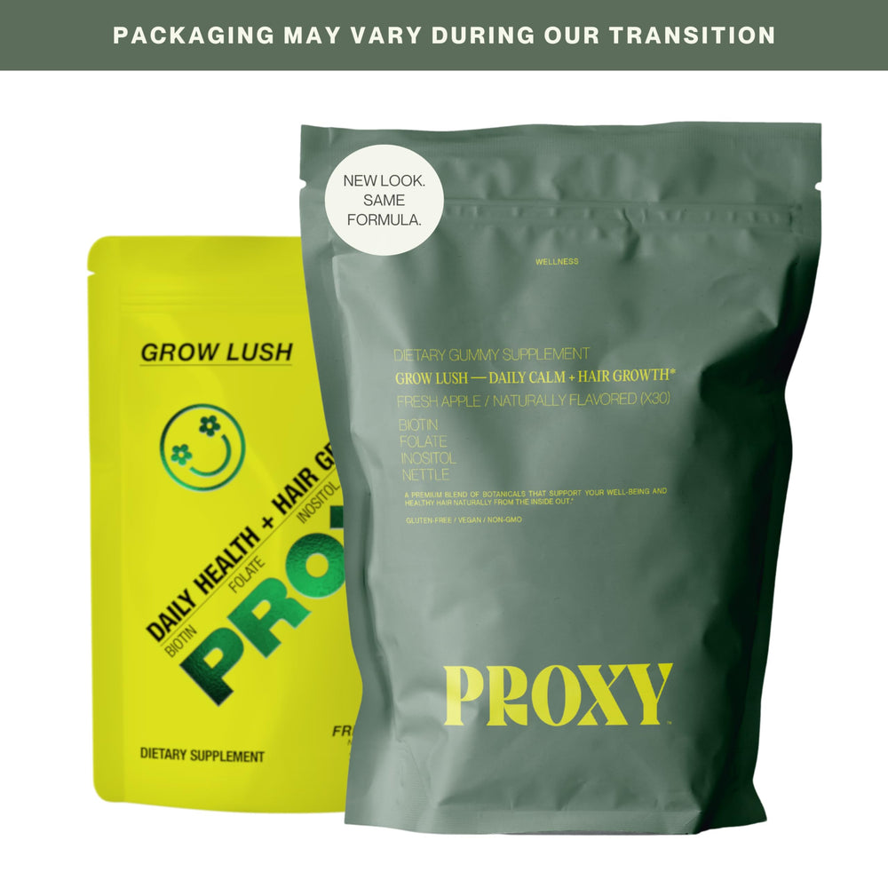 PROXY Hair Growth Gummies back label highlights biotin, folate, inositol, and nettle
