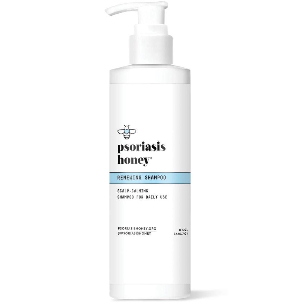 PSORIASIS HONEY Renewing Shampoo bottle highlights a nourishing formula for itchy, dry scalp