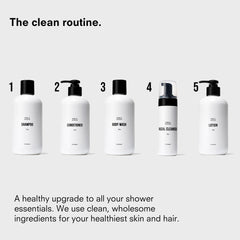 Public Goods Body Wash bathroom scene suggests a clean daily routine.