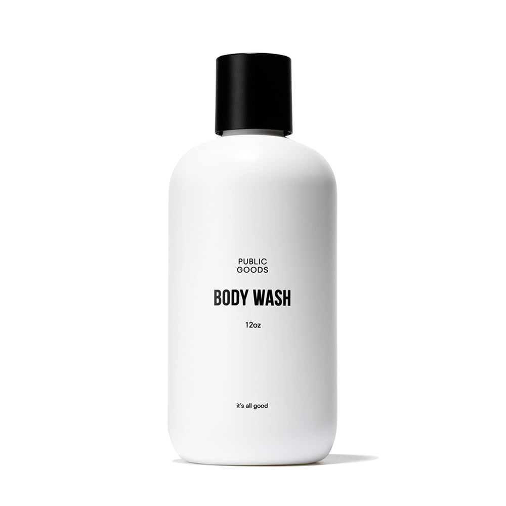 Public Goods body wash bottle with organic essential oils delivers refreshing cleanse.