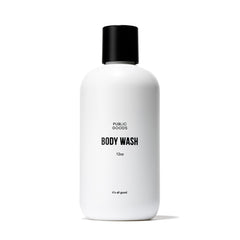 Public Goods body wash bottle with organic essential oils delivers refreshing cleanse.