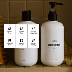 Public Goods conditioner bottle on shelf showing clean, natural formula for all hair types.