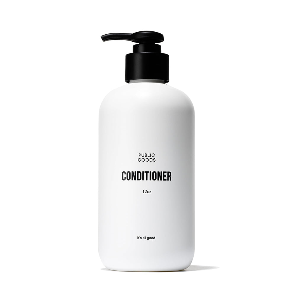 Public Goods conditioner bottle on sink highlighting natural ingredients for daily hydration.