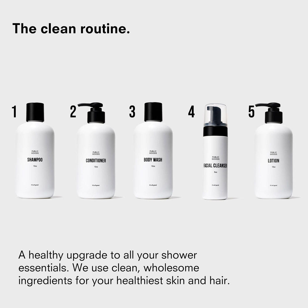 Public Goods cruelty-free symbol on bottle communicates ethical choices.