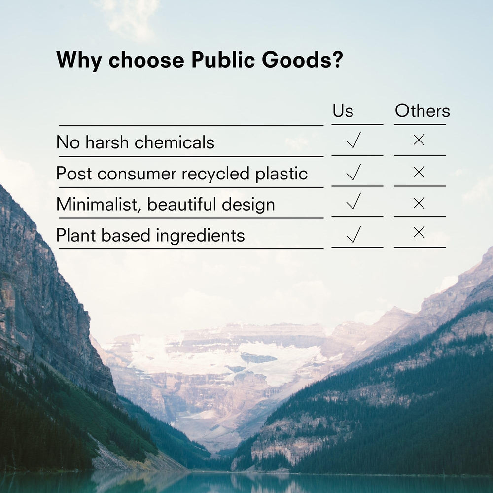 Public Goods packaging recycled plastic badge highlights sustainability commitment.