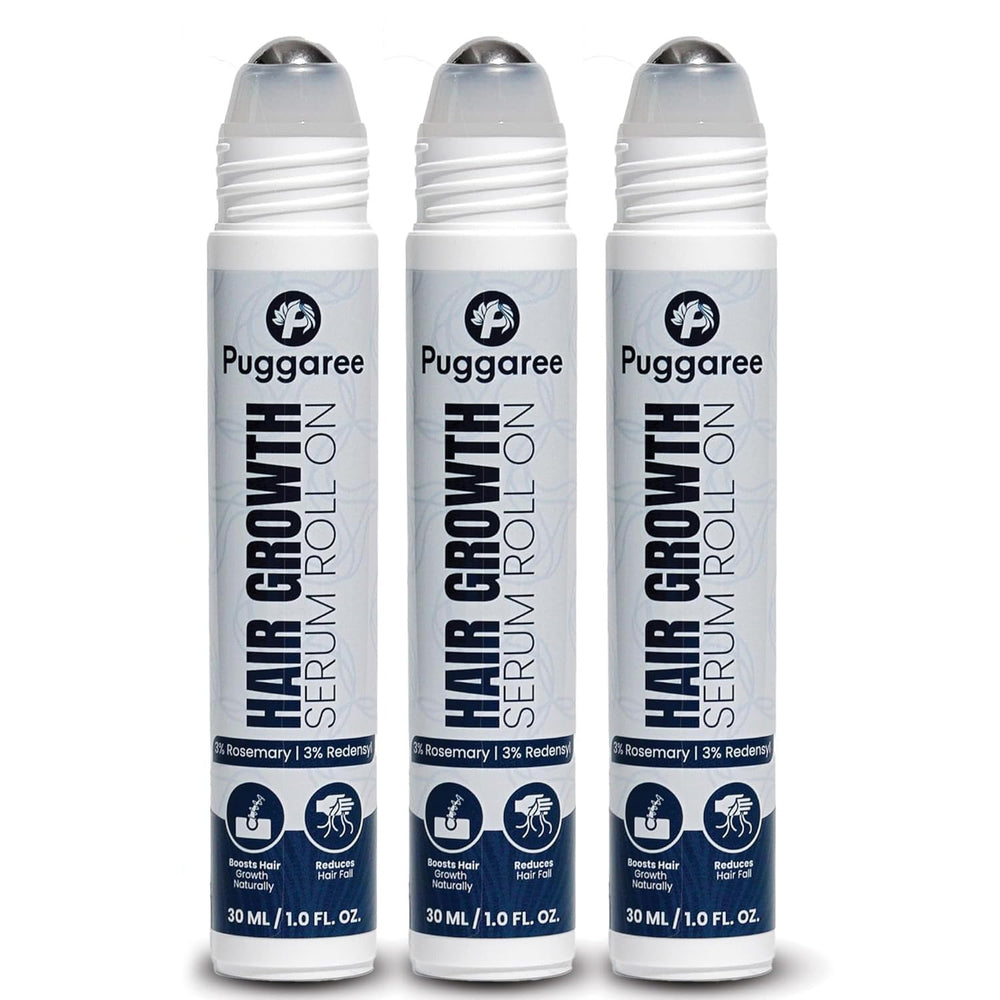 Puggaree rosemary hair growth serum roll-on 3-pack bottle close-up for convenient daily use.