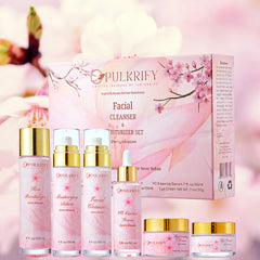Pulkrify Cherry Blossom skincare set arranged for daily routine display