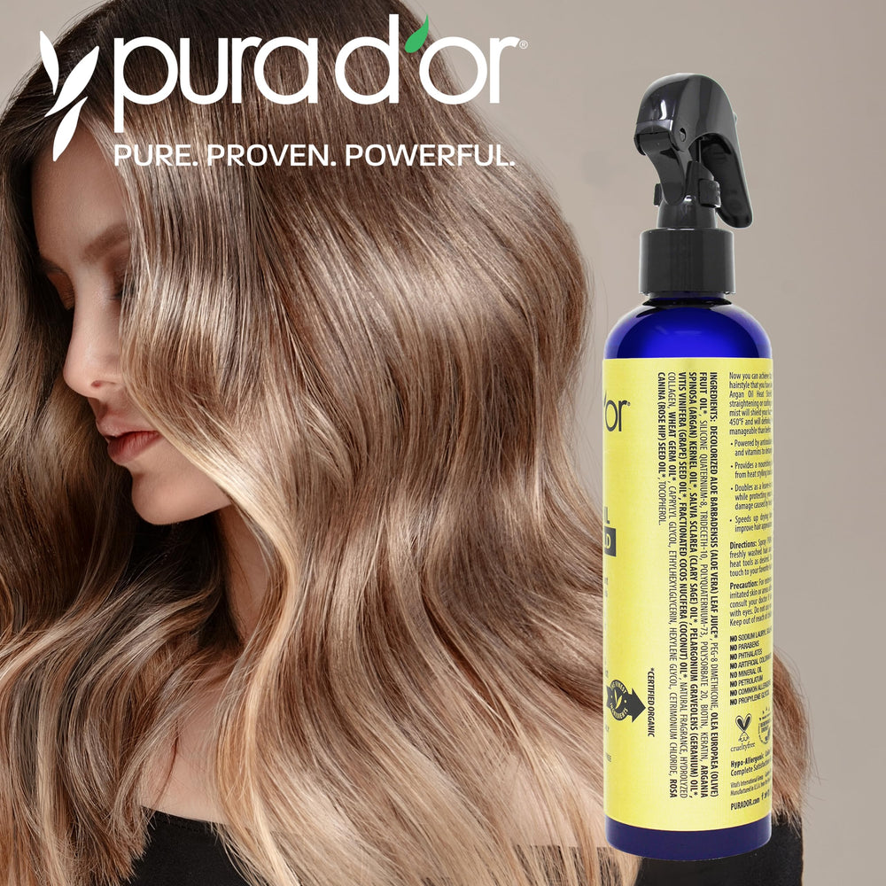 PURA D'OR Argan Oil Heat Shield in action protecting hair from heat up to 450°F