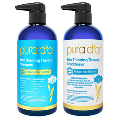 PURA D'OR Hair Thinning Therapy Shampoo bottle showing the organic blend for daily use and volume