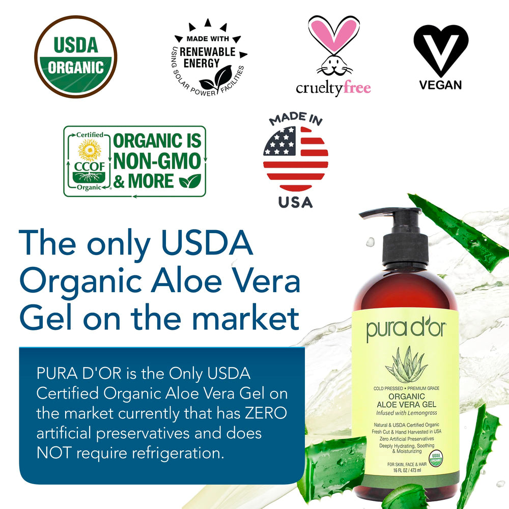 PURA D'OR Aloe Vera Gel label close-up showing USDA Organic status