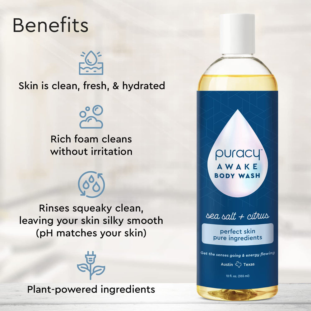 Puracy Body Wash Awake bottle pour shows quick lather ideal for sensitive skin.