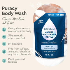 Close-up of Puracy refill label highlighting the plant-powered formula.