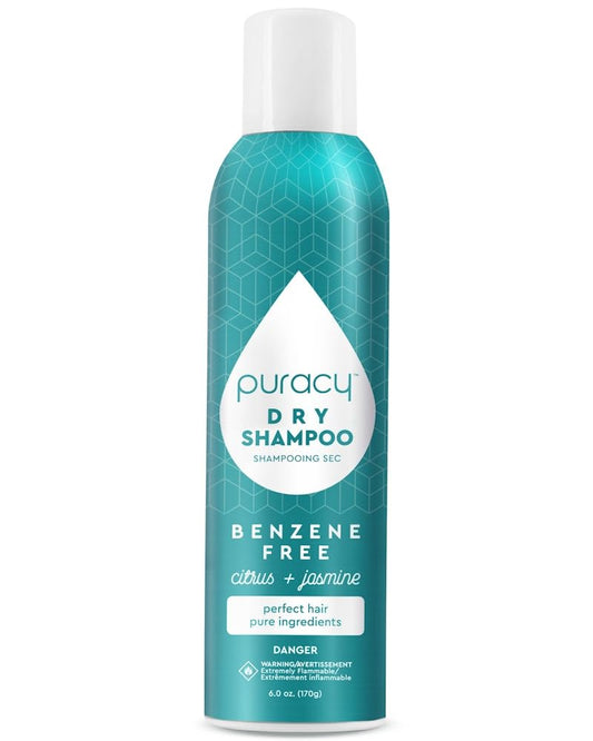 Puracy dry shampoo citrus jasmine bottle refreshes hair with oil absorption.