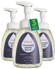 Puracy foaming hand soap bottle with lavender-vanilla aroma for a calming wash.