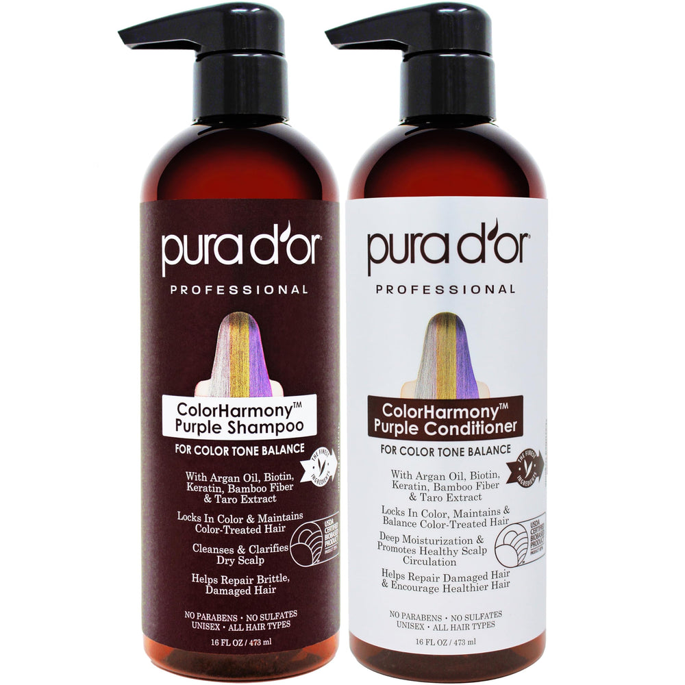PURA D'OR Color Harmony purple shampoo bottle pour for color-treated hair maintenance