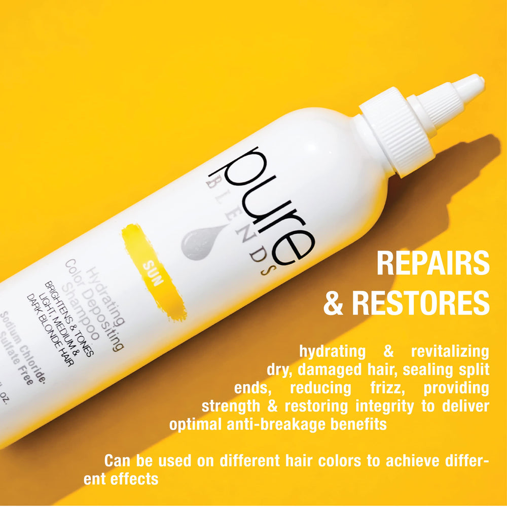 Pure Blends Sun Hydrating Color Depositing Shampoo color deposit closeup showing glossy highlights.