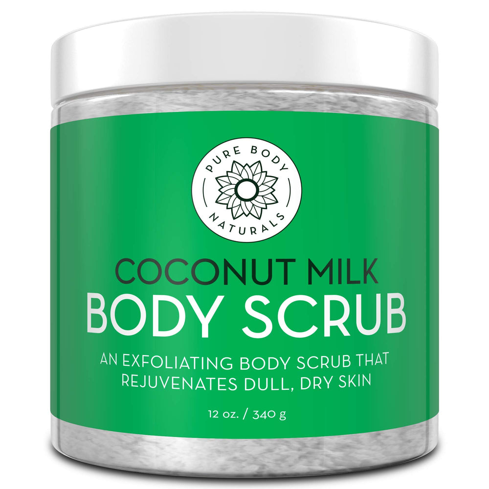 Pure Body Naturals exfoliating scrub jar showing natural ingredients for smooth skin