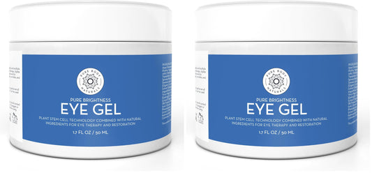 Pure Body Naturals eye gel jar close-up showing cooling formula for under-eye care.