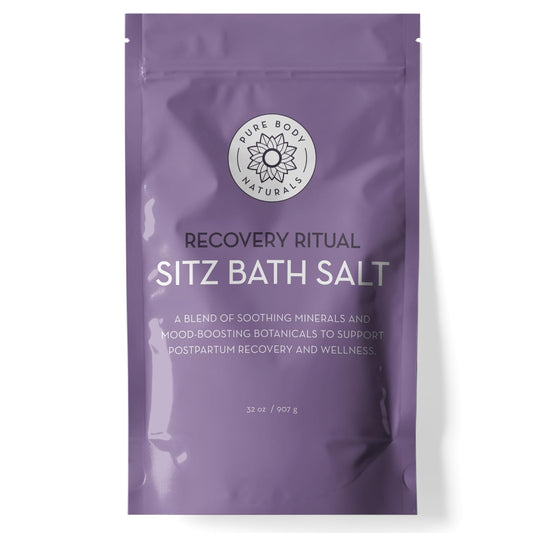 Pure Body Naturals Sitz Bath Salt bottle shows postpartum relief and soothing aroma