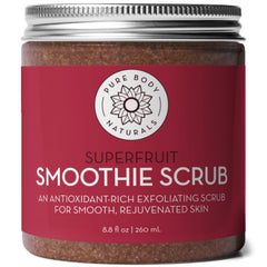 Pure Body Naturals Superfruit Smoothie Scrub jar front view for daily exfoliation