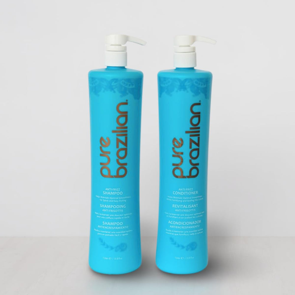 Pure Brazilian Anti-Frizz Shampoo and Conditioner duo on display for color-safe care