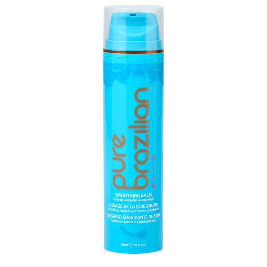 Pure Brazilian Silk Smoothing Balm bottle demonstrates premium anti-frizz treatment.
