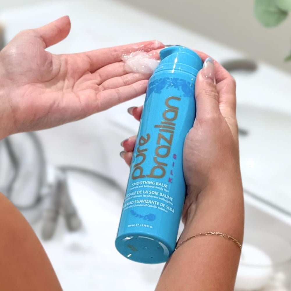 Pure Brazilian Silk Smoothing Balm provides humidity protection for frizz-resilient hair.
