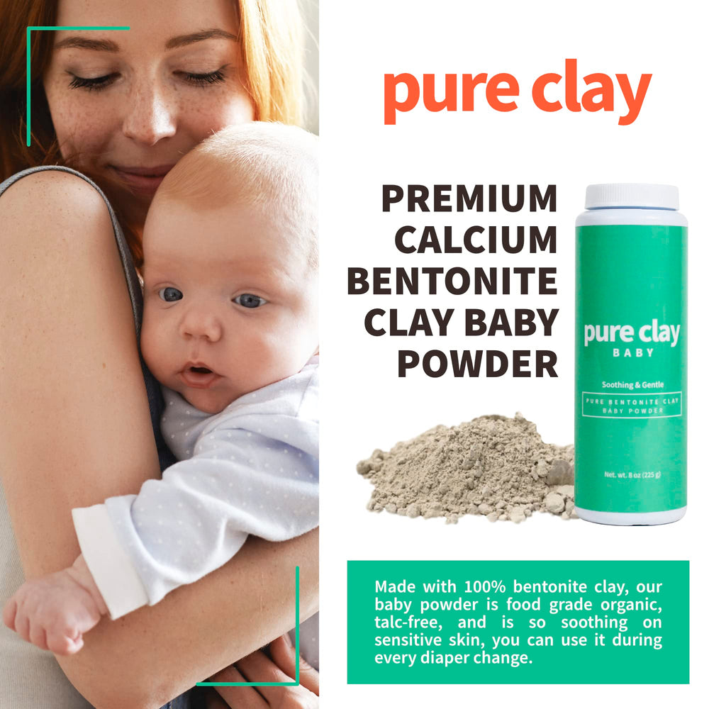 Pure Clay powder dust close-up, fine texture for sensitive skin
