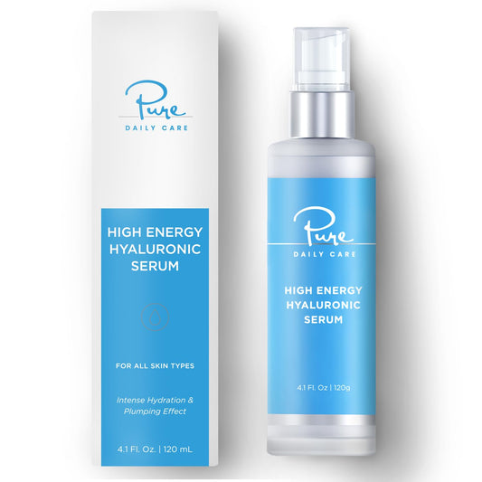 Pure Daily Care High Energy Hyaluronic Serum bottle delivers intense hydration for refreshed, plump skin.