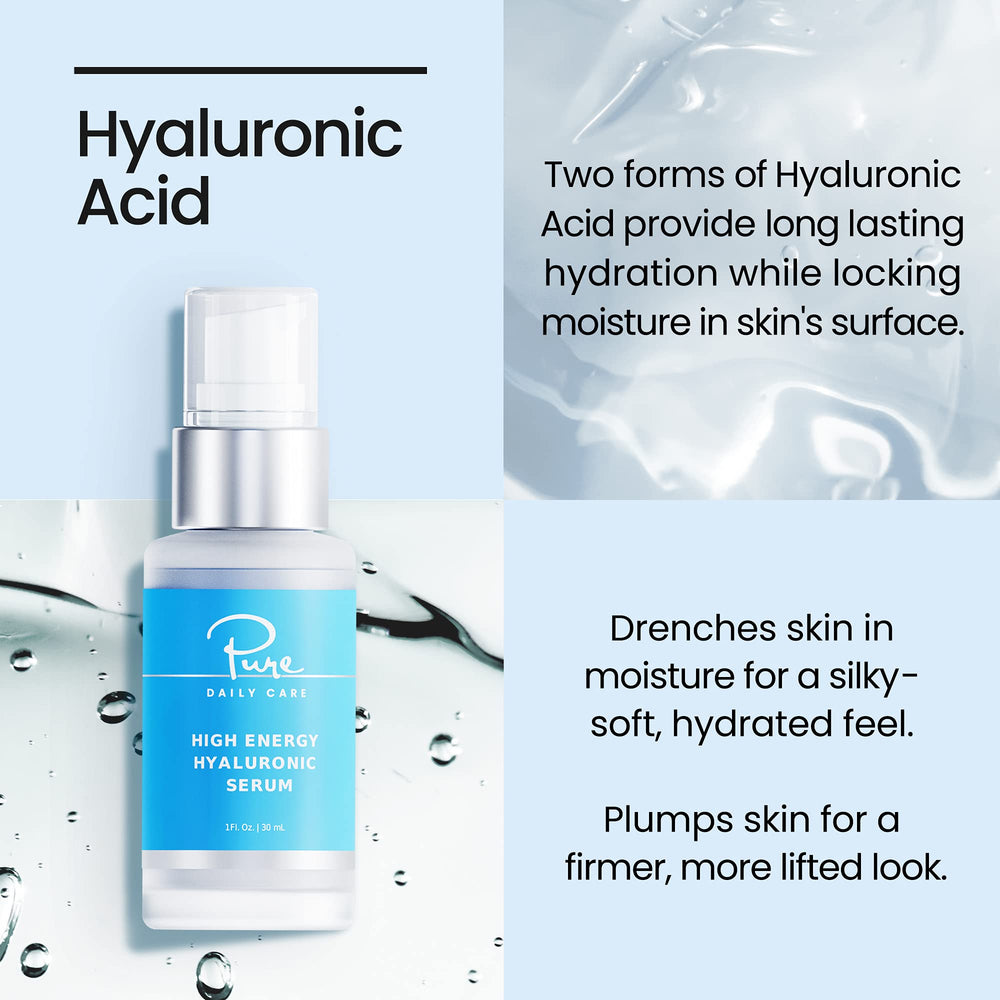 Pure Daily Care Hyaluronic Serum ingredients panel highlights vegan, clinical-grade formulation.