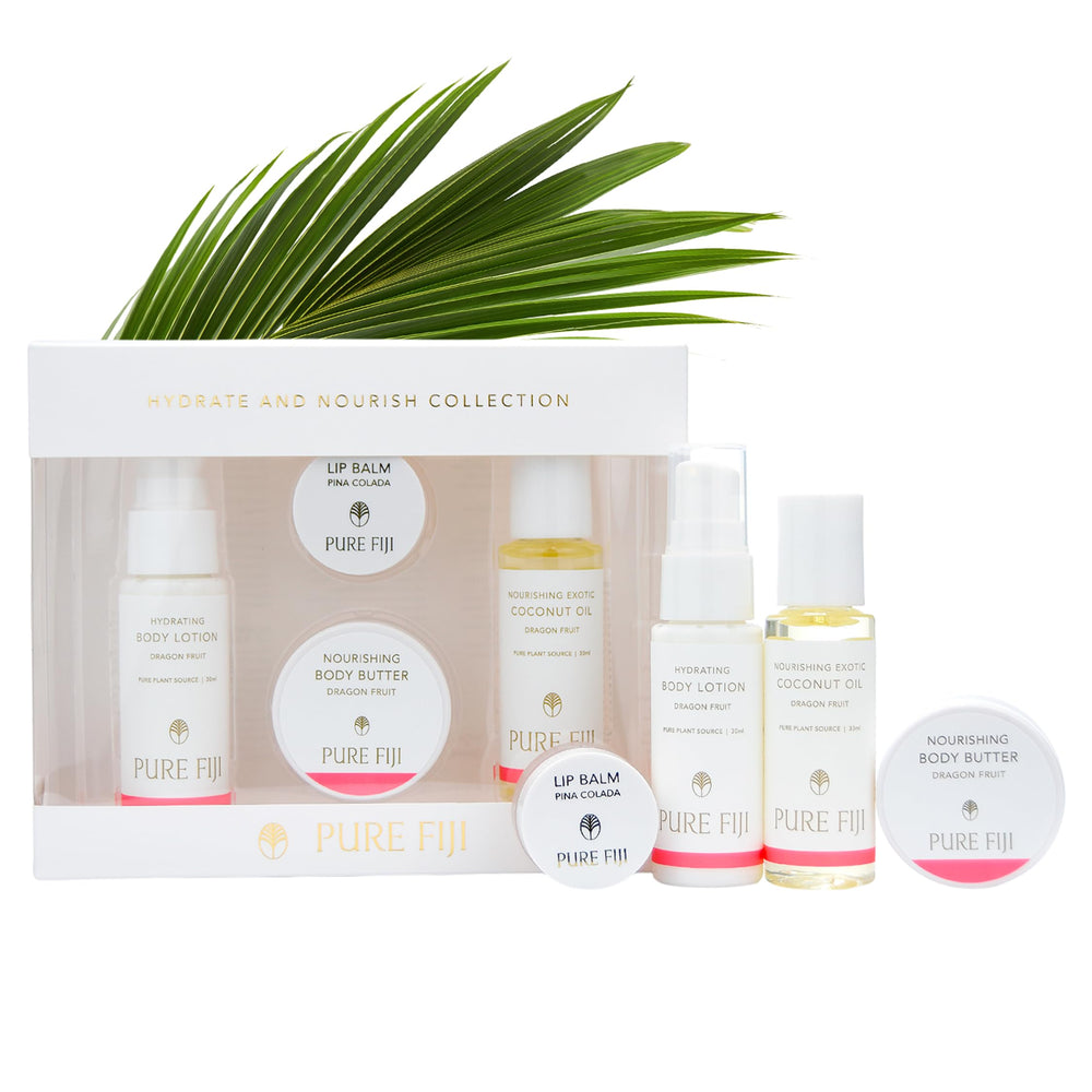 Pure Fiji Hydrate & Nourish gift set packaging with dragon fruit for holiday gifting.