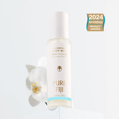 PURE FIJI Hydrating Body Mist spray closeup quenches dry skin with cooling sensation.