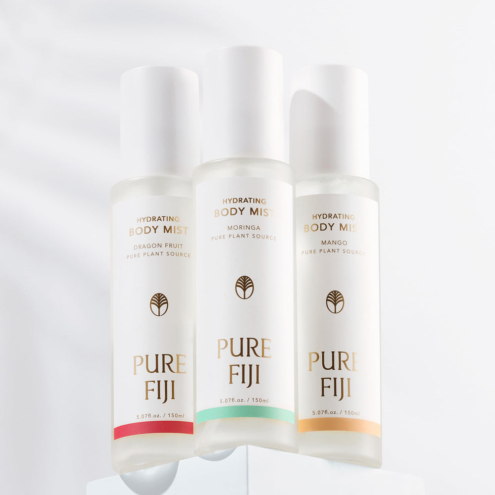 PURE FIJI Hydrating Body Mist on arm offers fresh feel and antioxidant vibes.