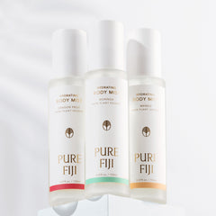 PURE FIJI Hydrating Body Mist on arm offers fresh feel and antioxidant vibes.