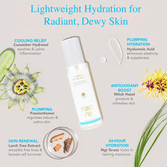 PURE FIJI Hydrating Body Mist bottle with greenery helps lock in moisture.