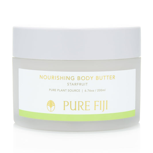 Pure Fiji Nourishing Body Butter starfruit bottle pour highlights rich hydration.